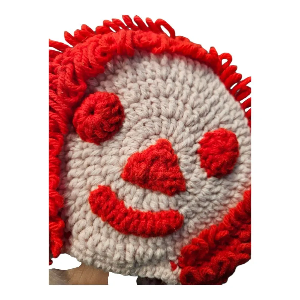 Hand Knit Bonnet with Face on Back Red Cream Youth Size Vintage 80's